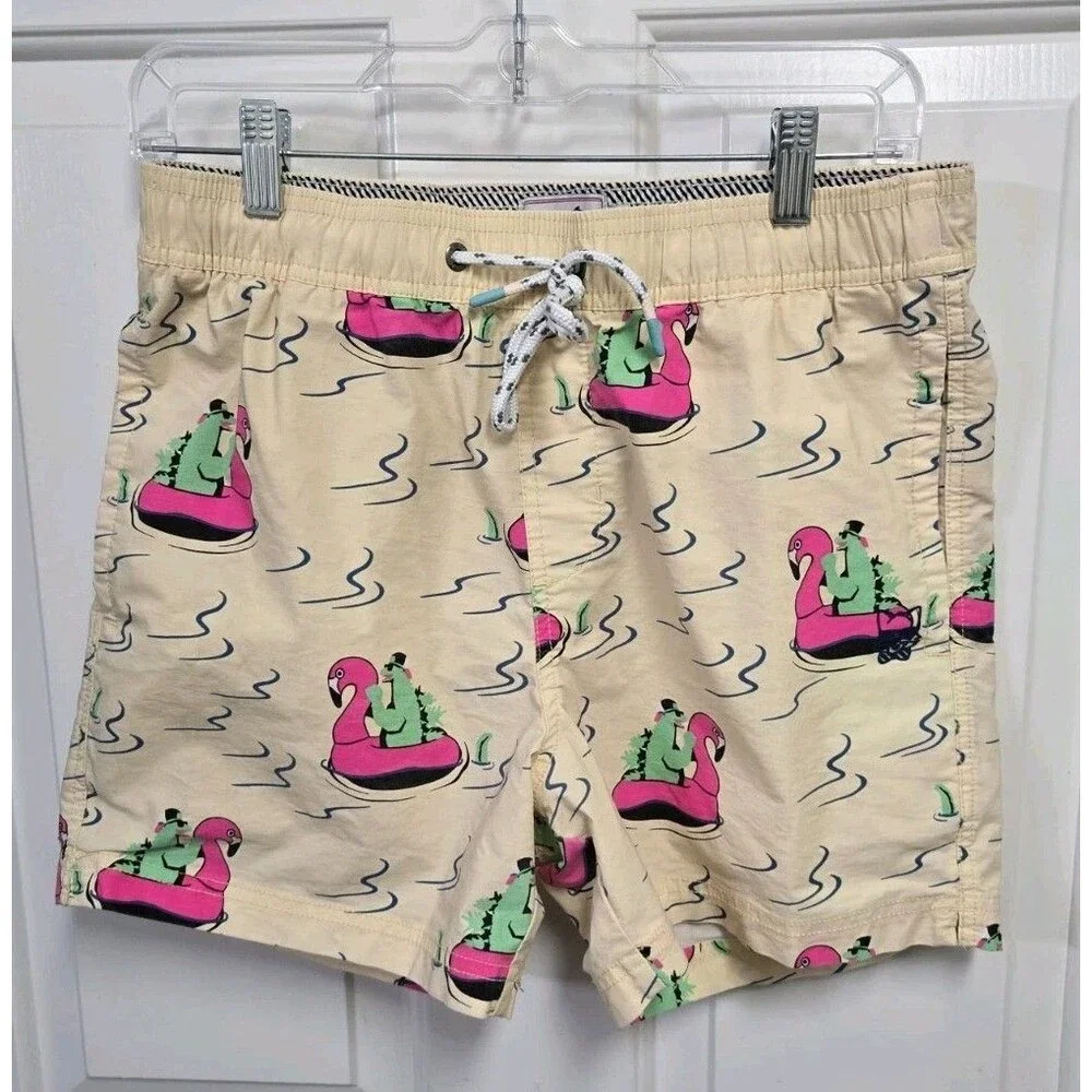 Party Pants River Dino Men's Swim Trunks Board Shorts Yellow Flamingo Small